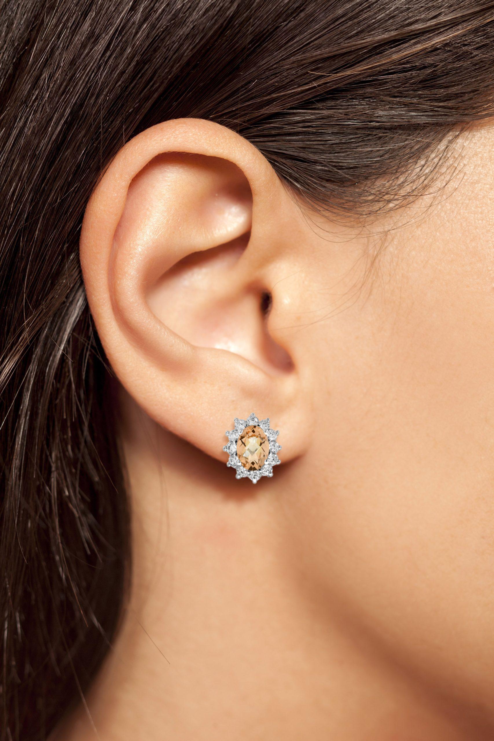 Women's Oval Peach Orange Morganite & Diamond Halo Stud 14K White Gold Earrings For Sale