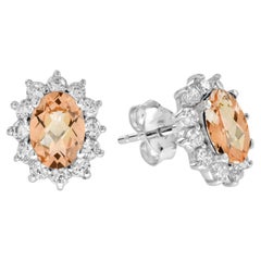 Oval Peach Orange Morganite & Diamond Halo Stud 14K White Gold Earrings