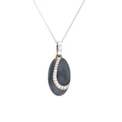 Oval Locket Pendant 18k White Gold Grey Guilloche Enamel 16 Diamonds 0.28 ct