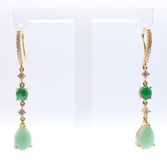 Oval & Pear Cabochon Green Jadeite Jade & Diamond Drop Earrings 18K Yellow Gold