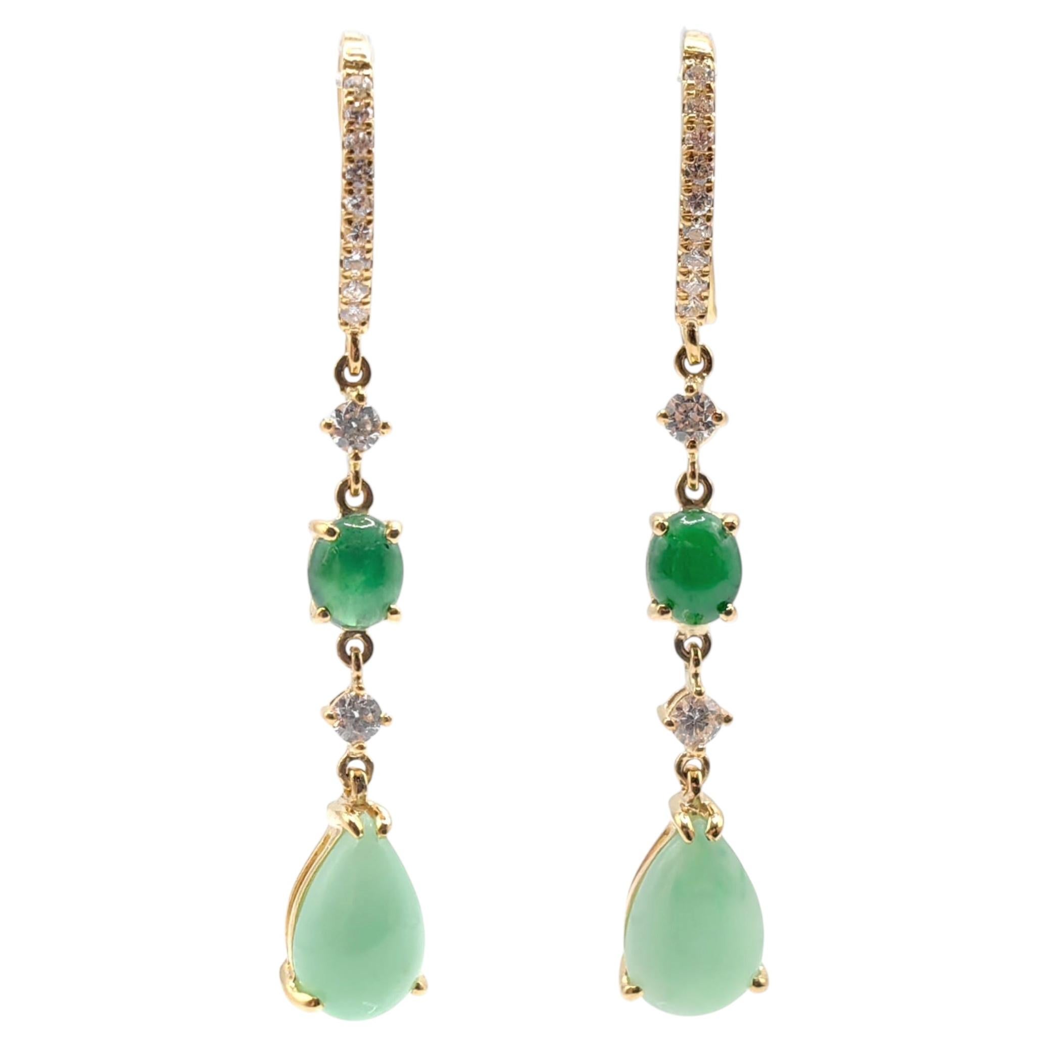 Oval & Pear Cabochon Green Jadeite Jade & Diamond Drop Earrings 18K Yellow Gold