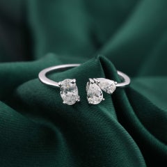 Oval & Pear Cut Natural Diamond Open Ring Minimalist 18K White Gold Jewelry