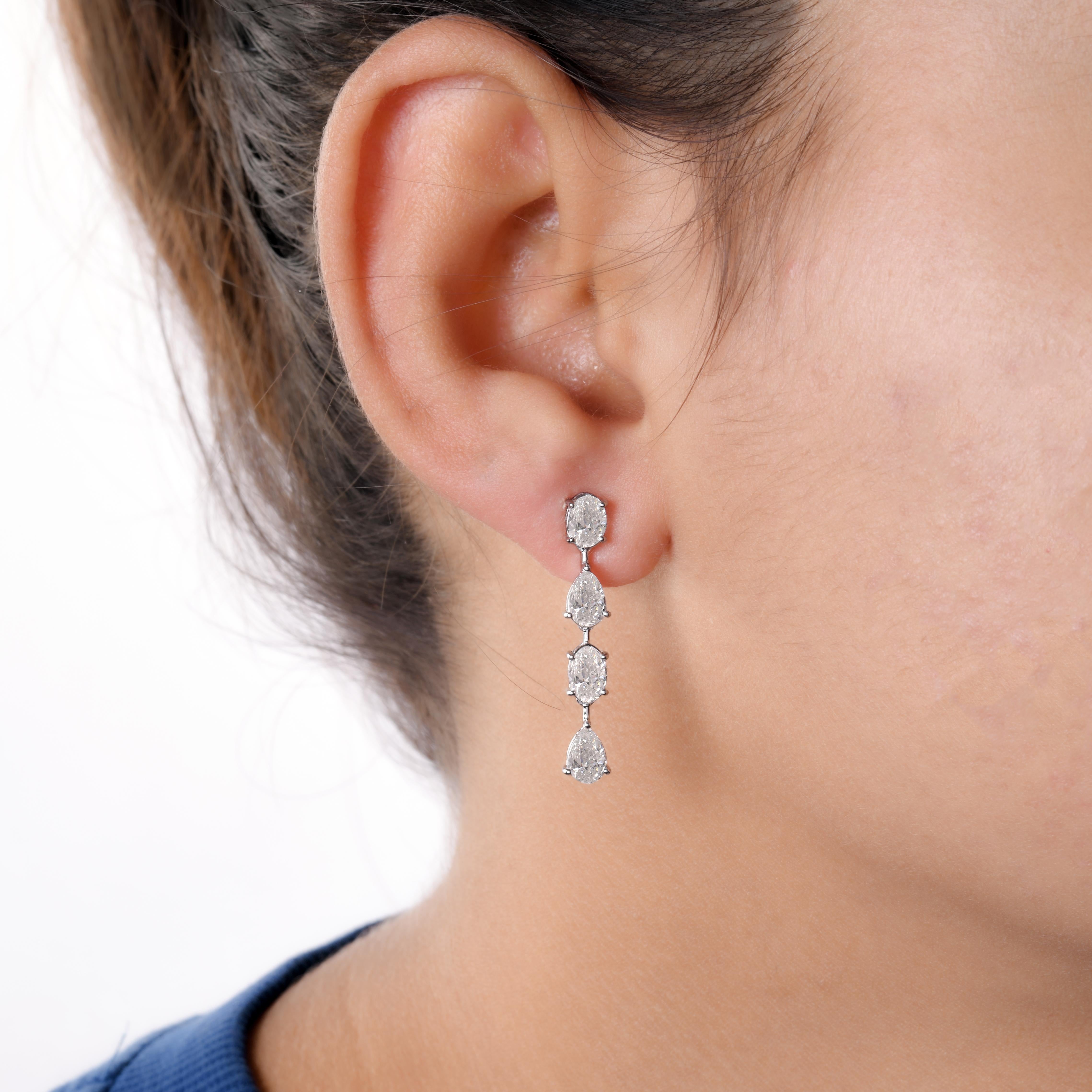 Pear Cut Oval & Pear Diamond Dangle Earrings 14 Karat White Gold Handmade Fine Jewelry For Sale