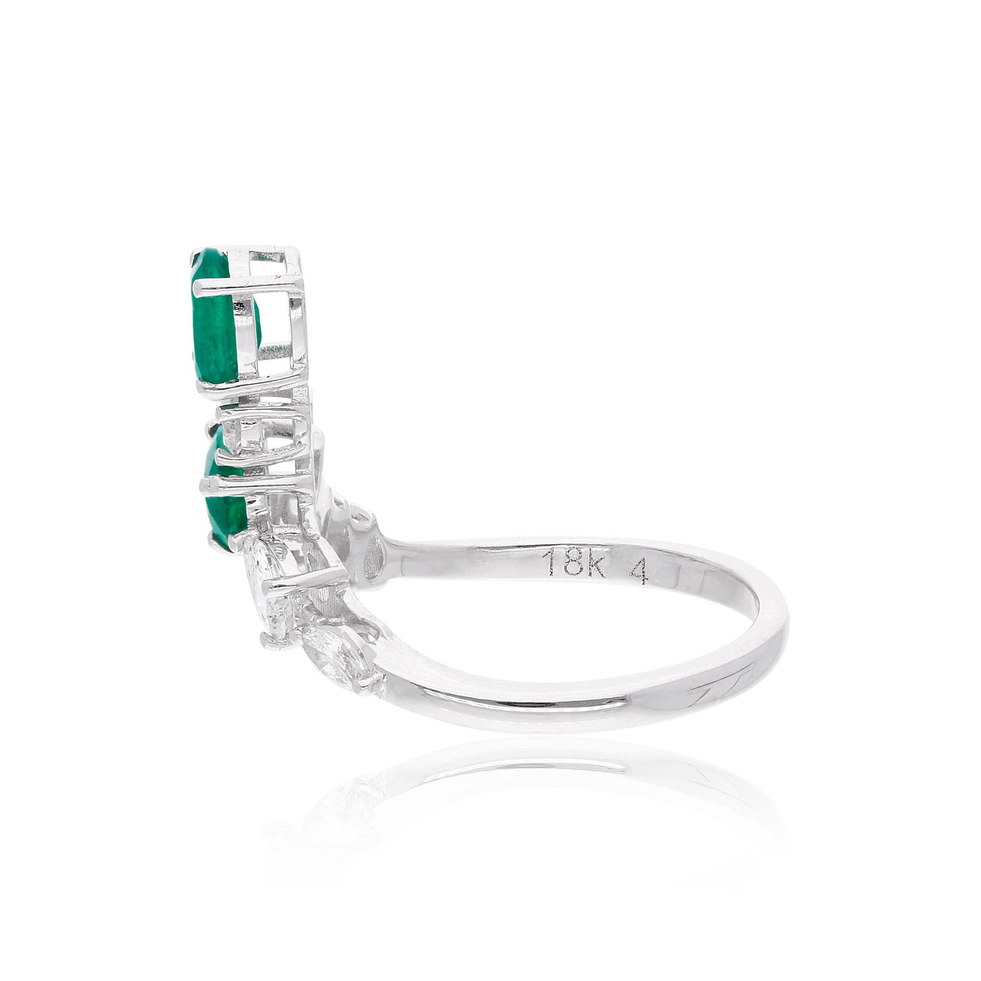 Modern Oval Pear Natural Emerald Gemstone Ring Diamond 14 Karat White Gold Fine Jewelry For Sale