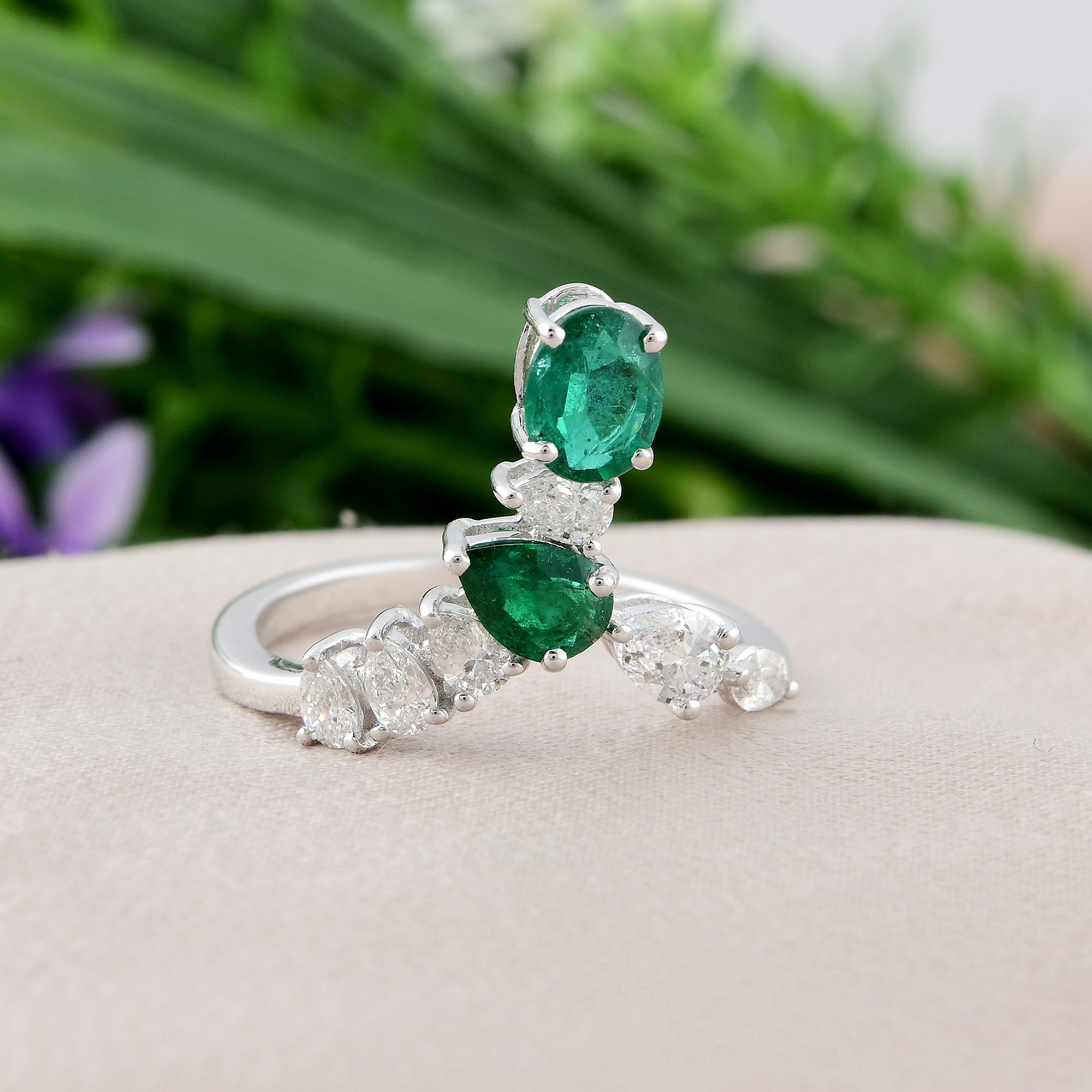 Pear Cut Oval Pear Natural Emerald Gemstone Ring Diamond 14 Karat White Gold Fine Jewelry For Sale