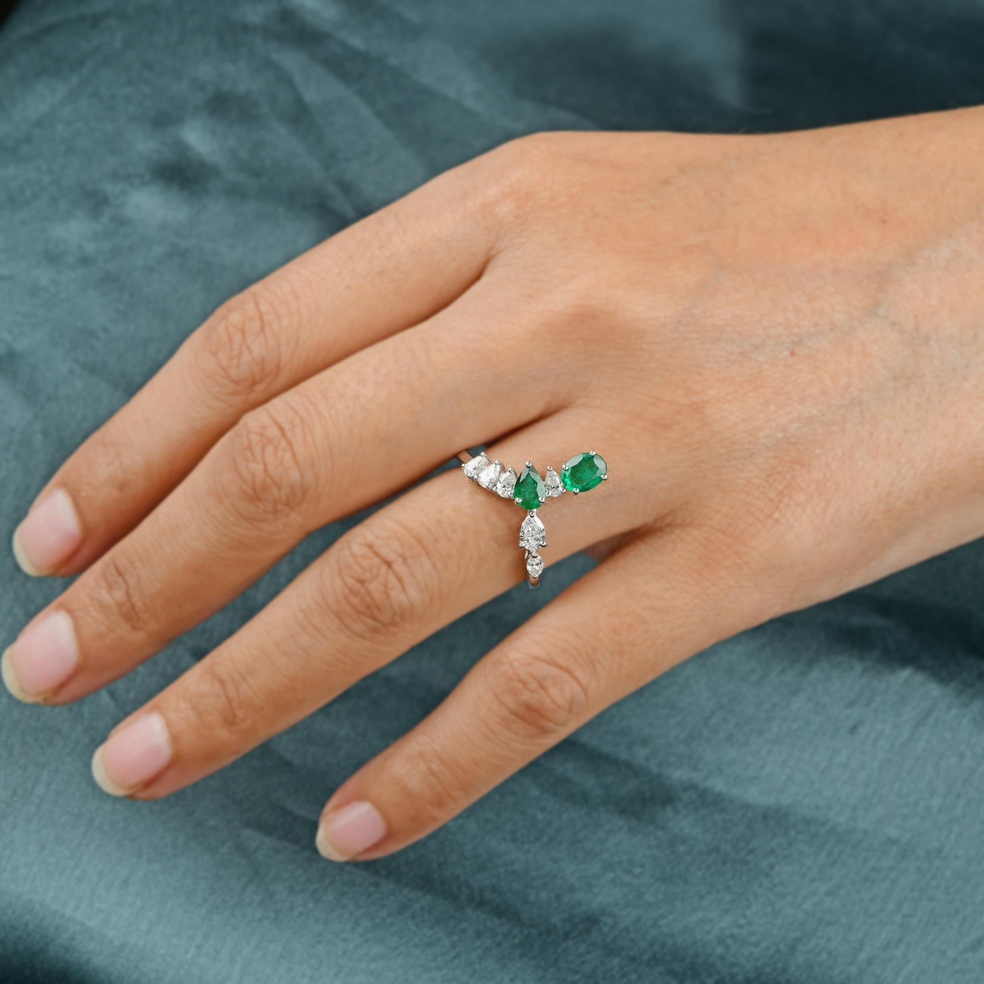 Women's Oval Pear Natural Emerald Gemstone Ring Diamond 14 Karat White Gold Fine Jewelry For Sale