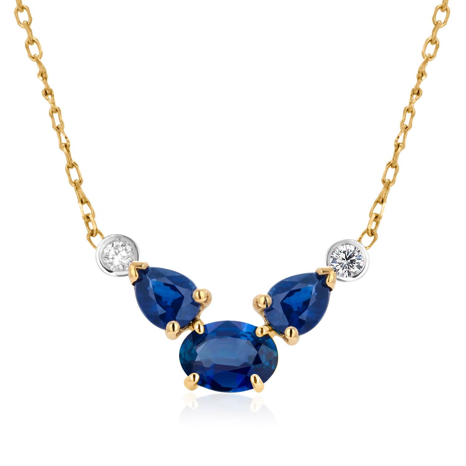 Oval Pear Sapphires Diamonds 2.35 Carat Yellow and White Gold 16.5 Inch Necklace For Sale 4