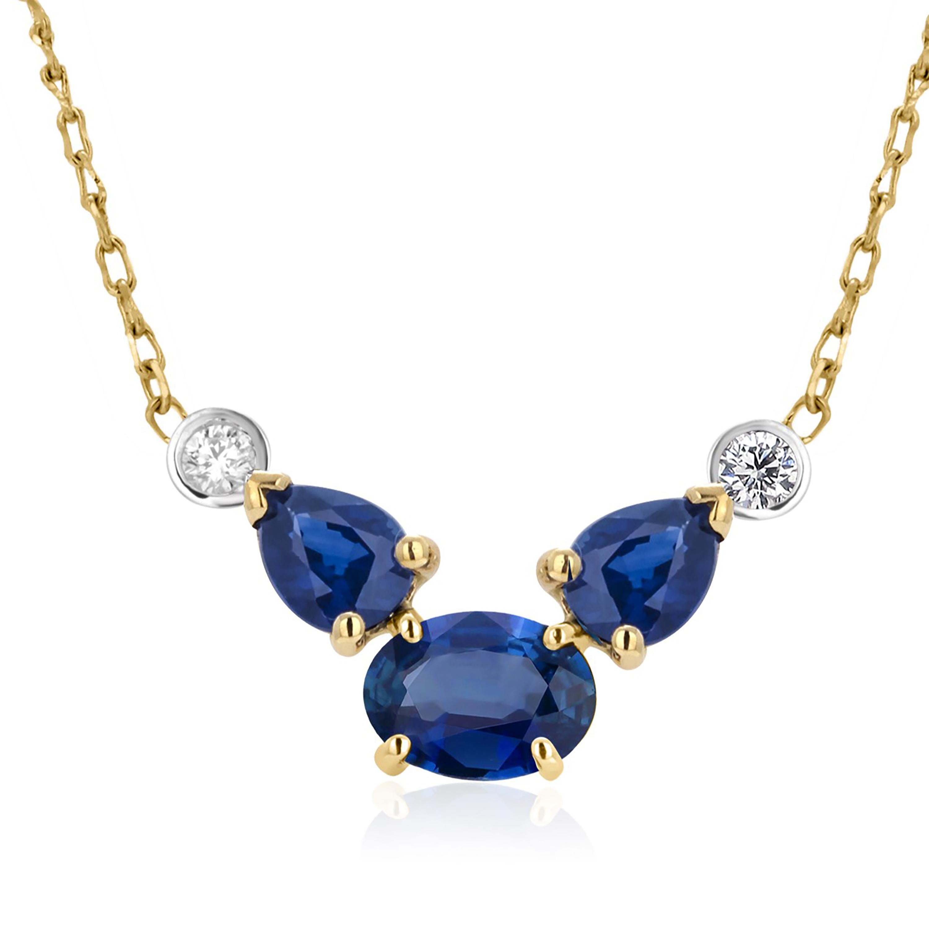 Oval Pear Sapphires Diamonds 2.35 Carat Yellow and White Gold 16.5 Inch Necklace For Sale 3