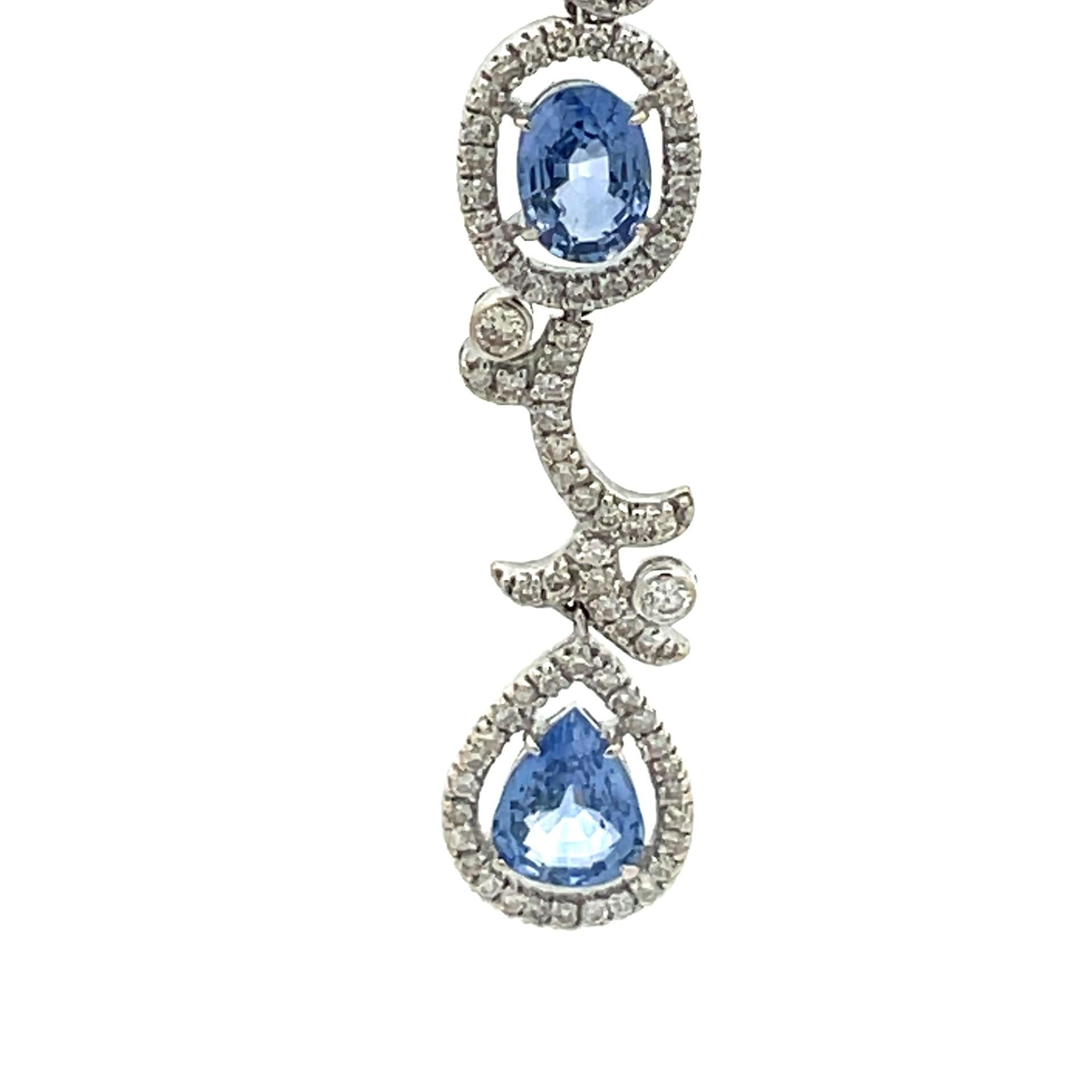 Pear Cut Oval & Pear Shape Blue Sapphire & Diamond Necklace in 18Kt White Gold   For Sale