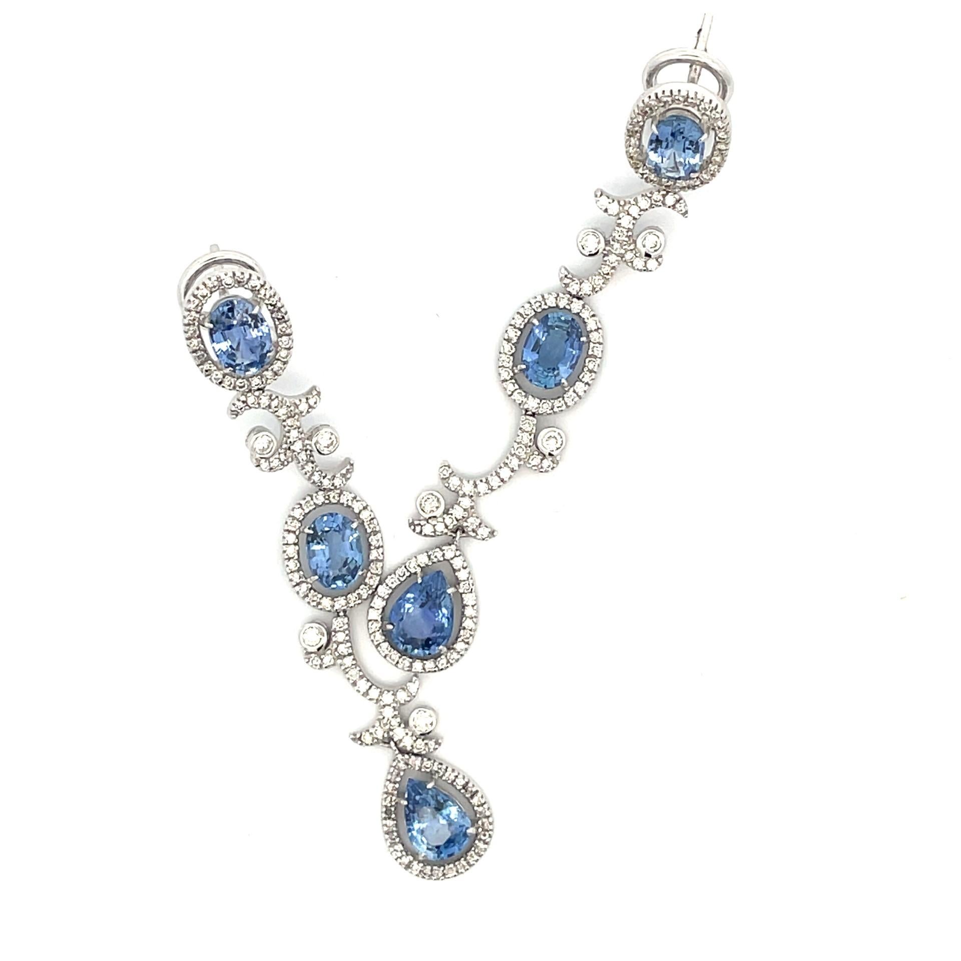 Contemporary Oval & Pear Shape Ceylon Blue Sapphire Diamond Earrings in 18 Kt White Gold  For Sale