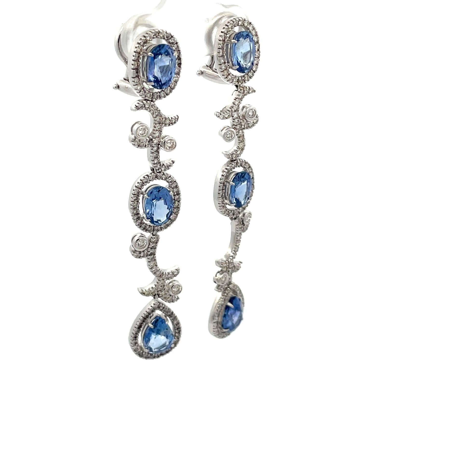 Pear Cut Oval & Pear Shape Ceylon Blue Sapphire Diamond Earrings in 18 Kt White Gold  For Sale