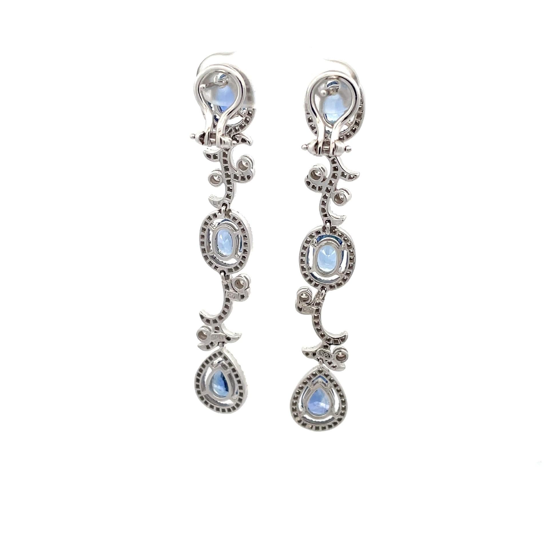 Women's Oval & Pear Shape Ceylon Blue Sapphire Diamond Earrings in 18 Kt White Gold  For Sale