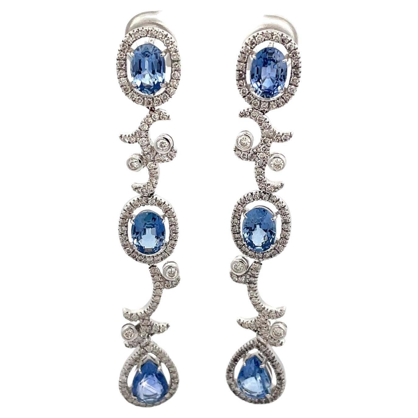 Oval & Pear Shape Ceylon Blue Sapphire Diamond Earrings in 18 Kt White Gold  For Sale