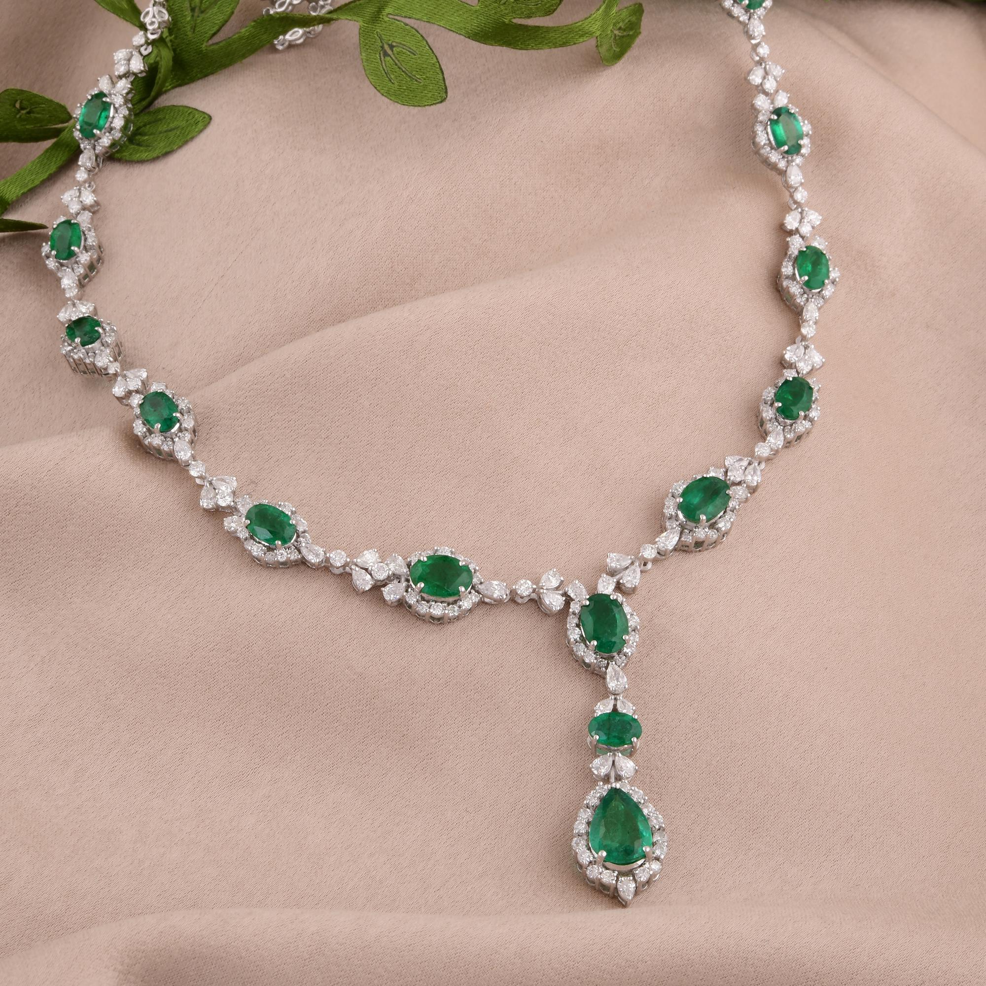 Modern Oval & Pear Shape Emerald Gemstone Necklace Diamond 14 Karat White Gold Jewelry For Sale