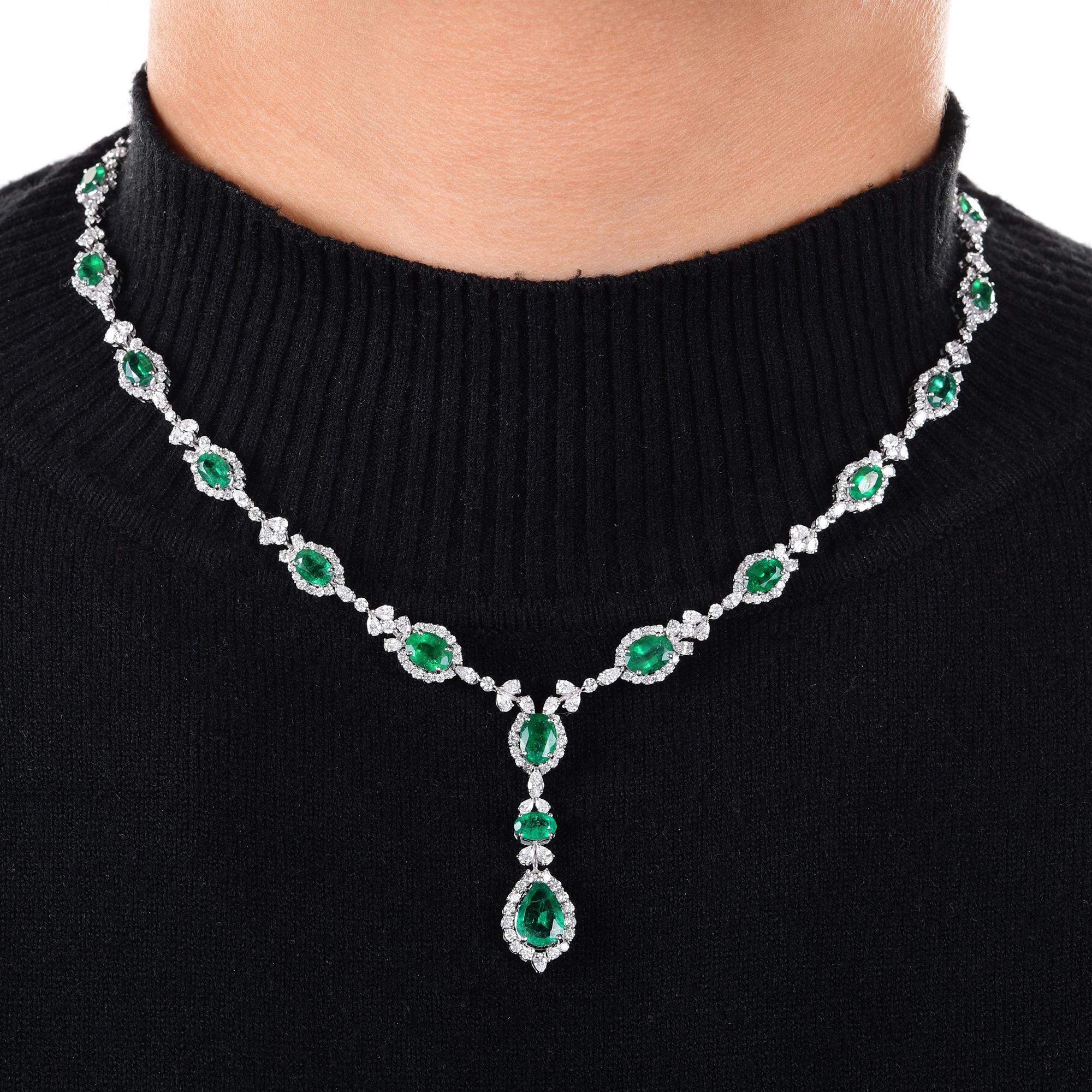 Elevate your style with the enchanting allure of this Oval & Pear Shape Emerald Gemstone Necklace, intricately adorned with sparkling diamonds and meticulously crafted in 18 karat white gold. Each element of this necklace exudes sophistication and