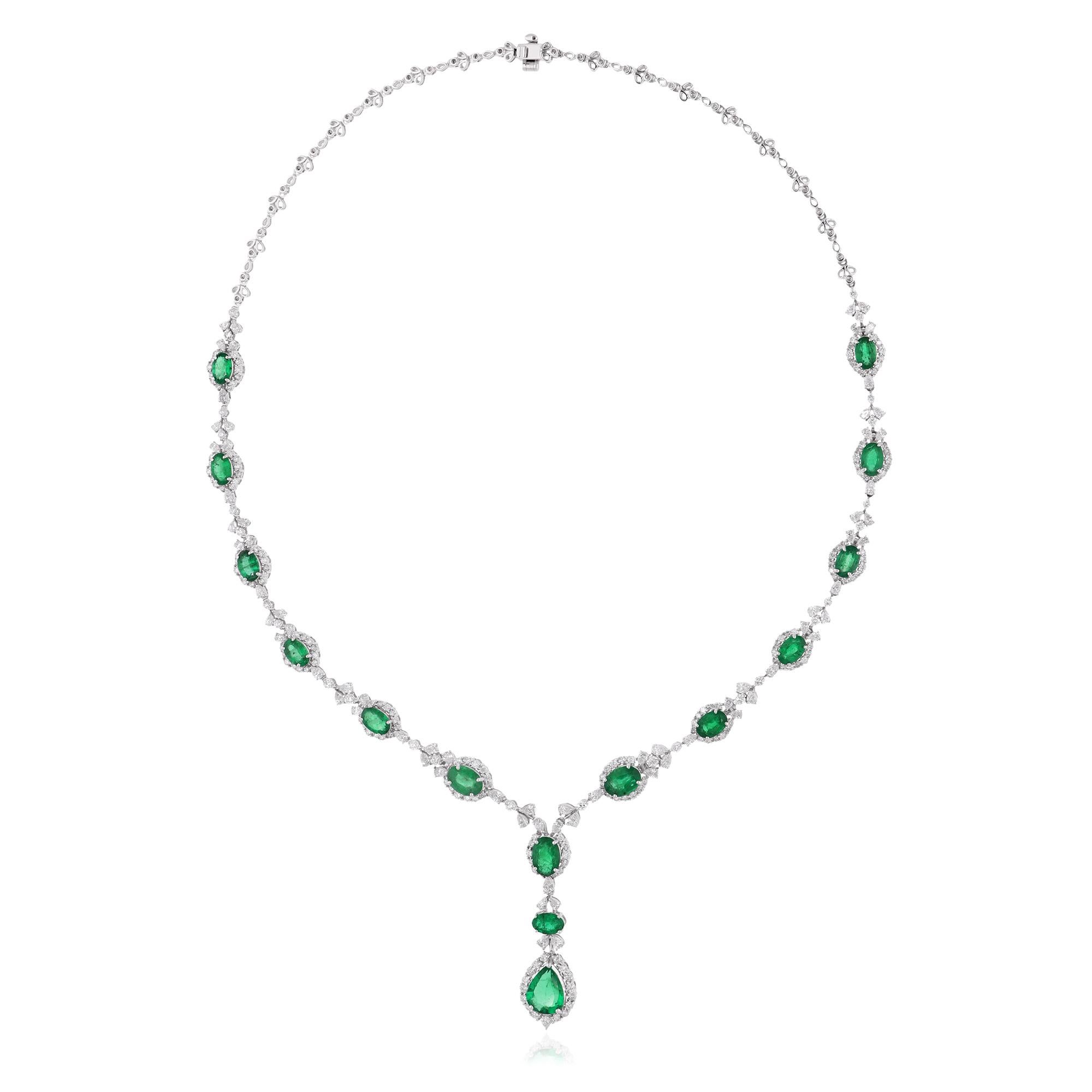 Pear Cut Oval & Pear Shape Emerald Gemstone Necklace Diamond 18 Karat White Gold Jewelry For Sale