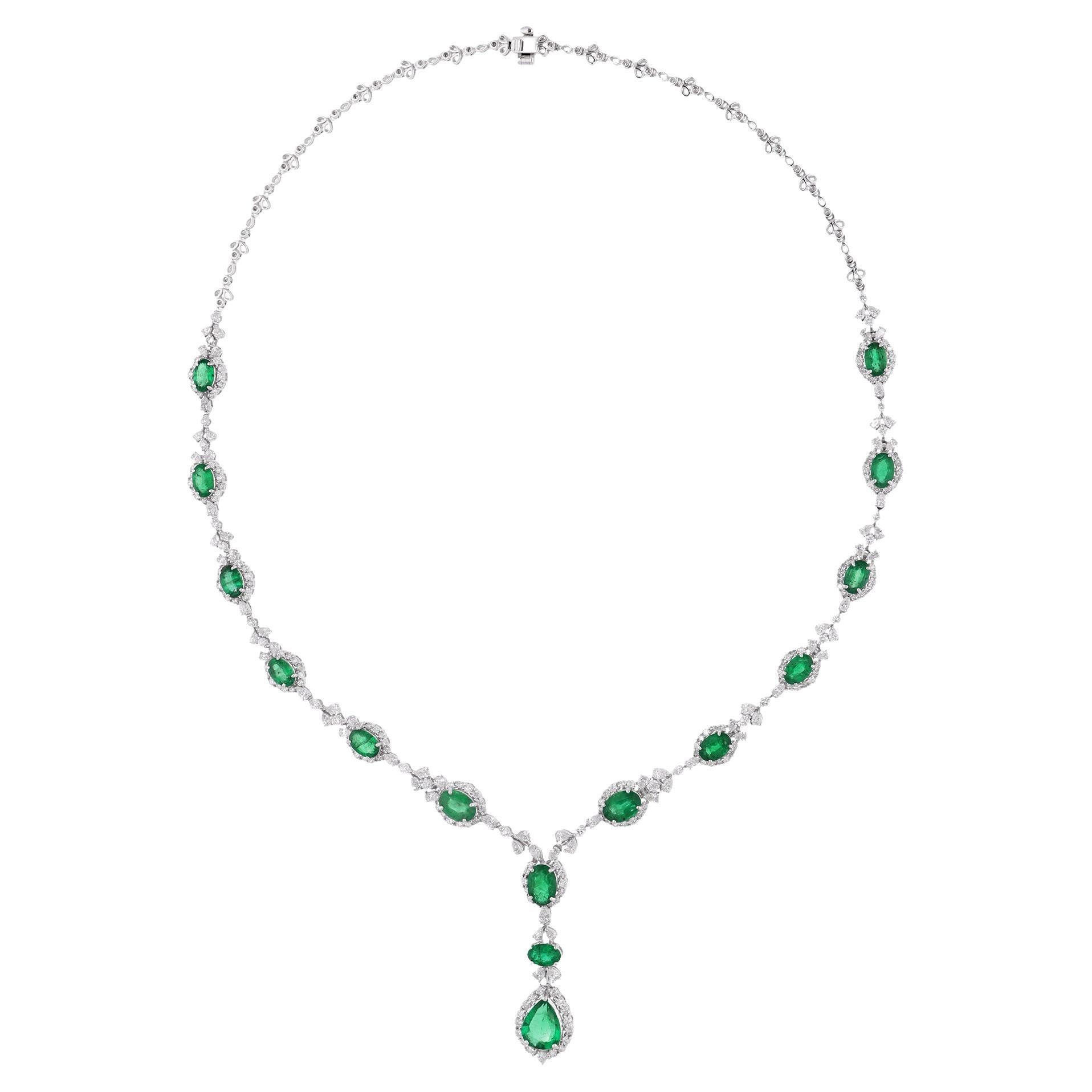 Oval & Pear Shape Emerald Gemstone Necklace Diamond 18 Karat White Gold Jewelry For Sale