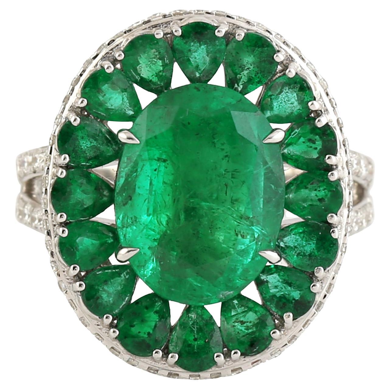 Oval & Pear Shaped Emerald Cocktail Ring Made In 18k White Gold