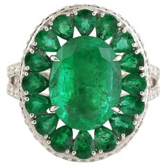 Oval & Pear Shaped Emerald Cocktail Ring Made In 18k White Gold
