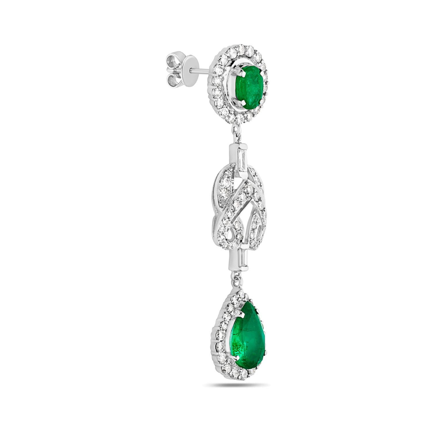 Contemporary Oval & Pear Shaped Emerald Earrings in 18k Gold with Pave Diamond in Knot Shape For Sale