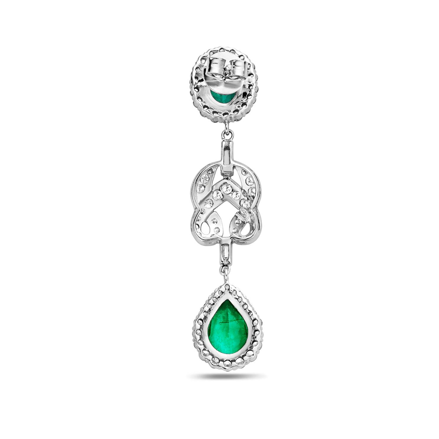 Mixed Cut Oval & Pear Shaped Emerald Earrings in 18k Gold with Pave Diamond in Knot Shape For Sale