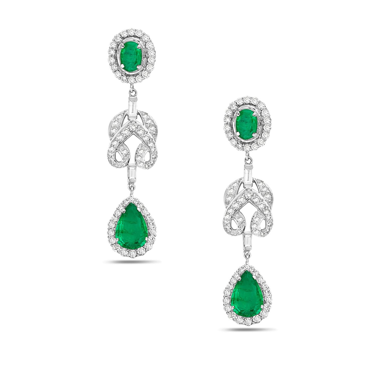 Oval & Pear Shaped Emerald Earrings in 18k Gold with Pave Diamond in Knot Shape In New Condition For Sale In New York, NY