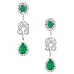 Oval & Pear Shaped Emerald Earrings in 18k Gold with Pave Diamond in Knot Shape