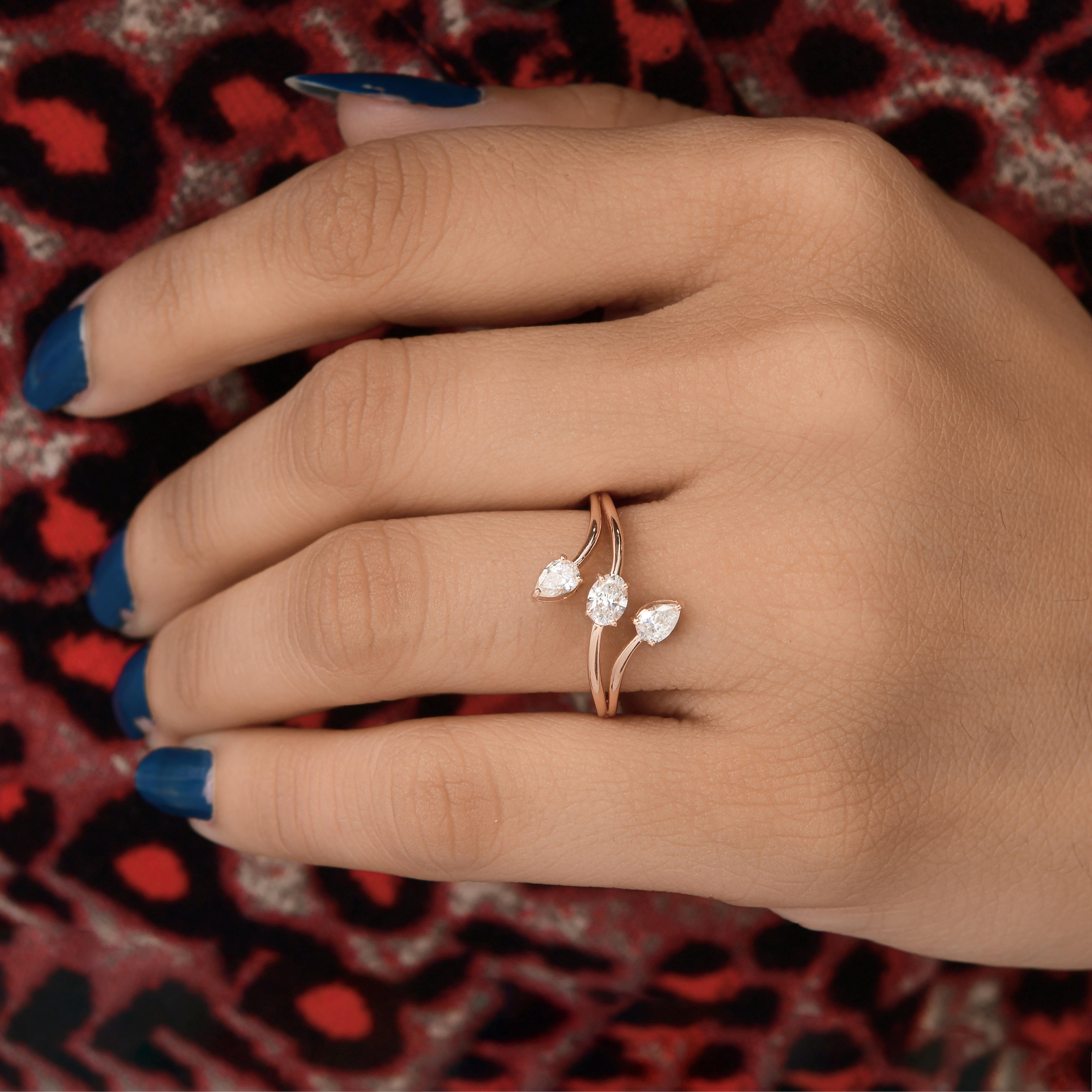 in vendita:  Anello bypass con diamante ovale a pera con tre pietre SI Clarity HI Color Oro rosa 18 carati 2