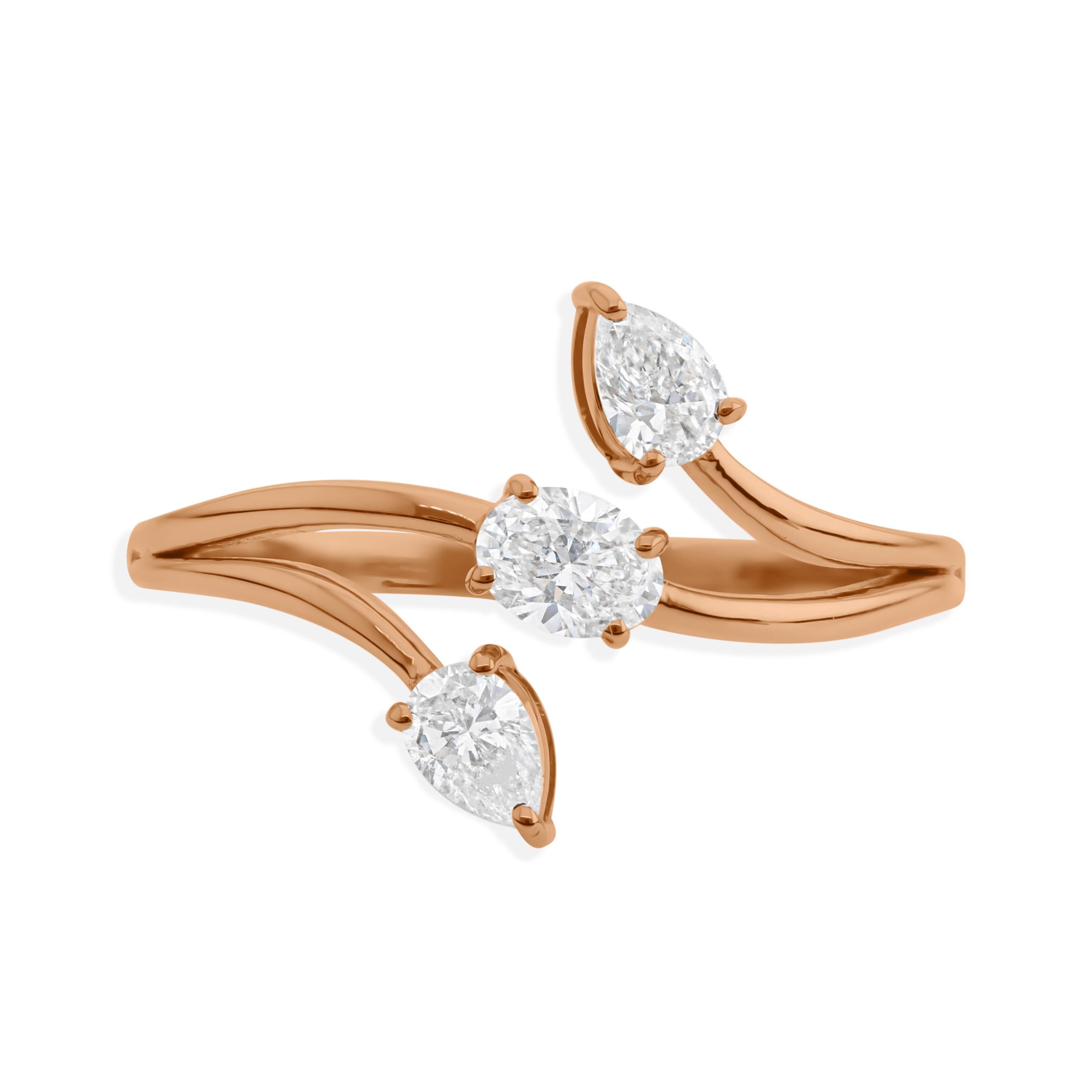 Oval Pear Three Stone SI Clarity HI Color Diamond Bypass Ring 18k Rose Gold