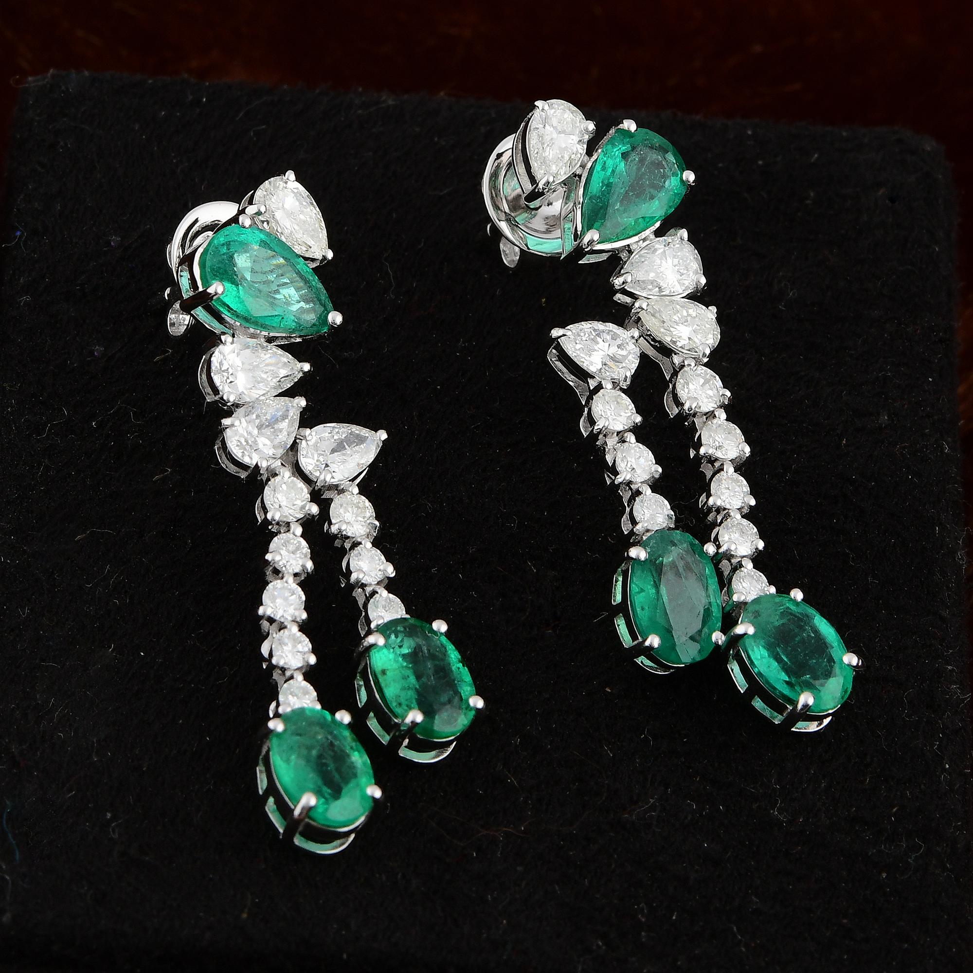 Modern Oval & Pear Natural Emerald Gemstone Dangle Earrings Diamond 18 Karat White Gold For Sale