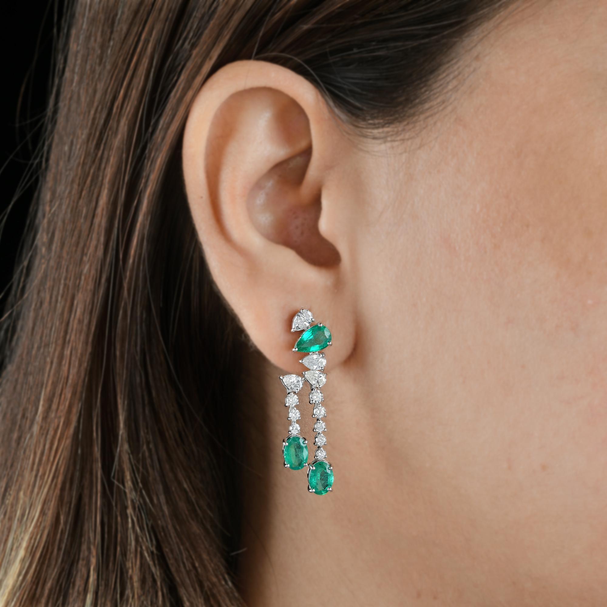 Oval Cut Oval & Pear Natural Emerald Gemstone Dangle Earrings Diamond 18 Karat White Gold For Sale