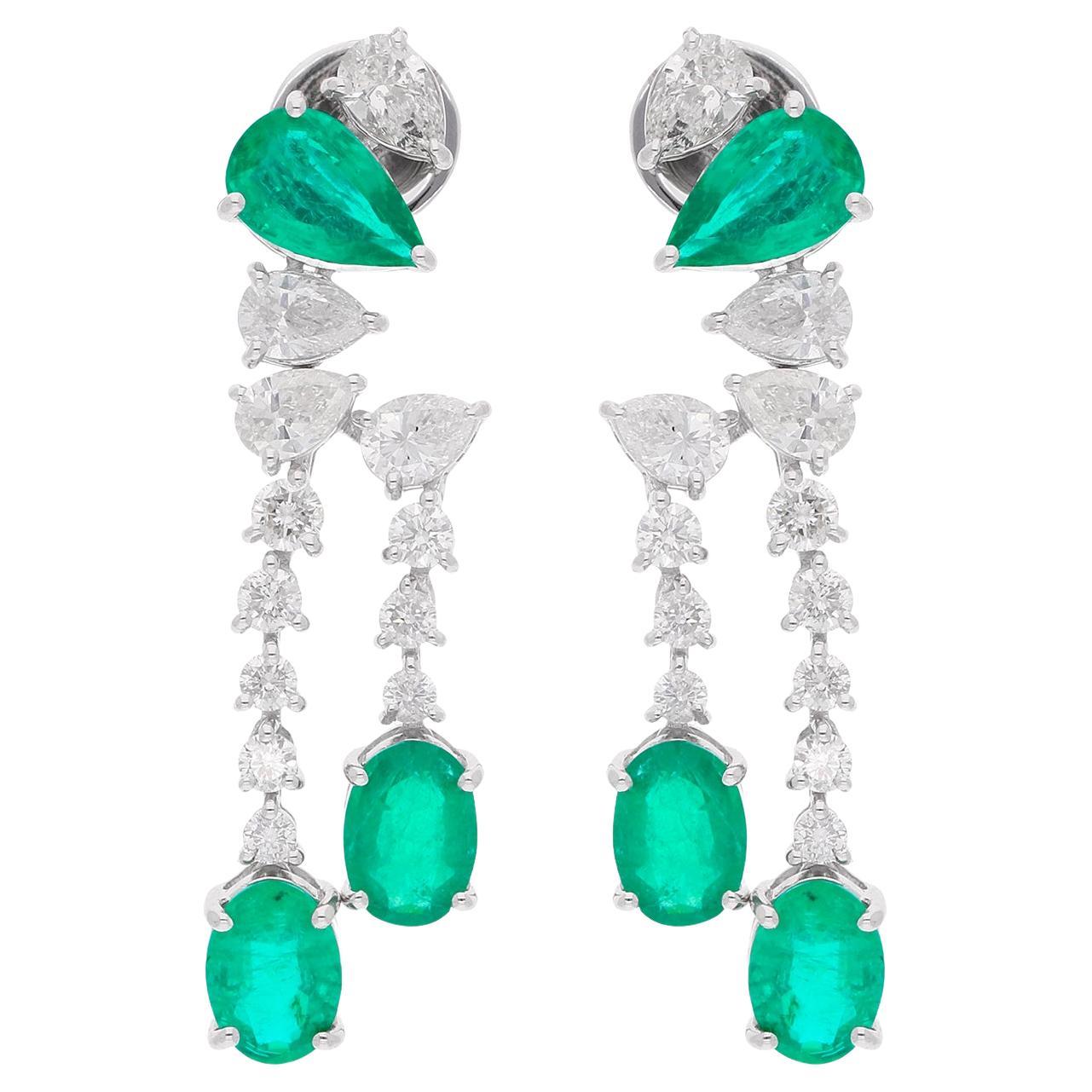 Oval & Pear Natural Emerald Gemstone Dangle Earrings Diamond 18 Karat White Gold