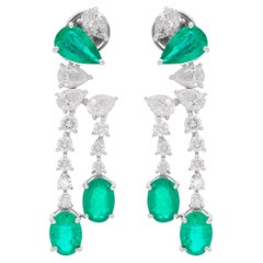 Oval & Pear Natural Emerald Gemstone Dangle Earrings Diamond 18 Karat White Gold
