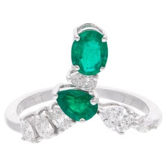 Oval Pear Natural Emerald Gemstone Ring Diamond 18 Karat White Gold Fine Jewelry