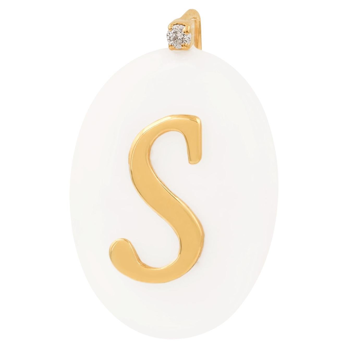 Oval Pearl Gemstone Initial S Charm Pendant 18 Karat Yellow Gold Diamond Jewelry For Sale