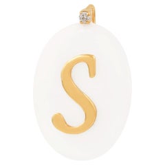 Oval Pearl Gemstone Initial S Charm Pendant 18 Karat Yellow Gold Diamond Jewelry