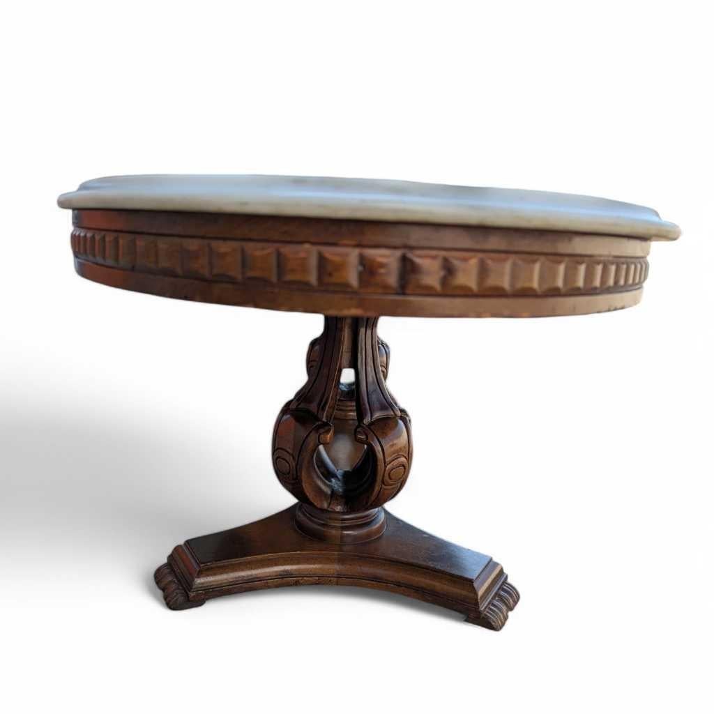 Oval Pedestal Coffee Table, Marble & Carved Wood, White & Walnut, Italy, 1960s For Sale 3
