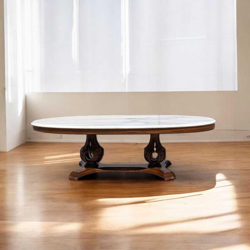 Oval Pedestal Coffee Table, Marble & Carved Wood, White & Walnut, Italy, 1960s For Sale 4