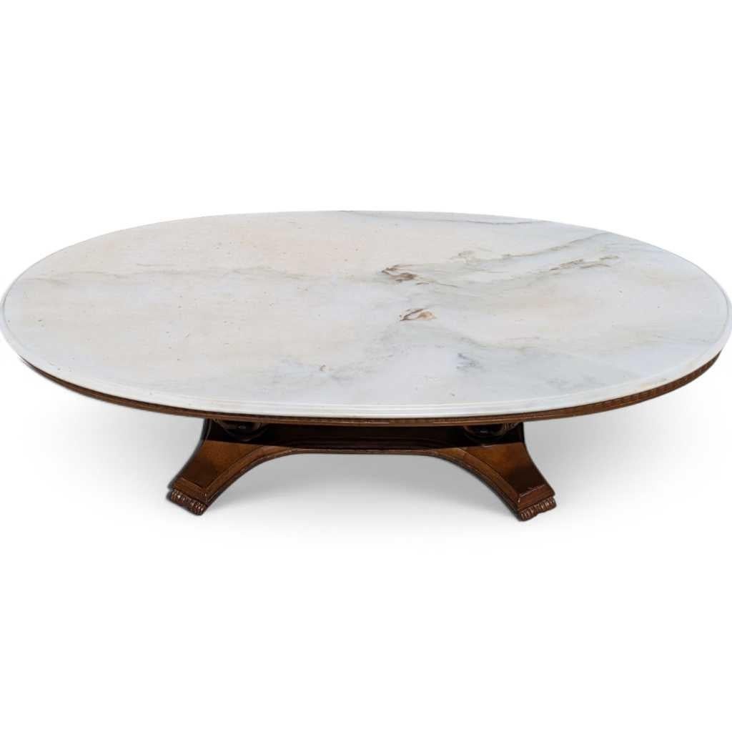 Oval Pedestal Coffee Table, Marble & Carved Wood, White & Walnut, Italy, 1960s For Sale 5