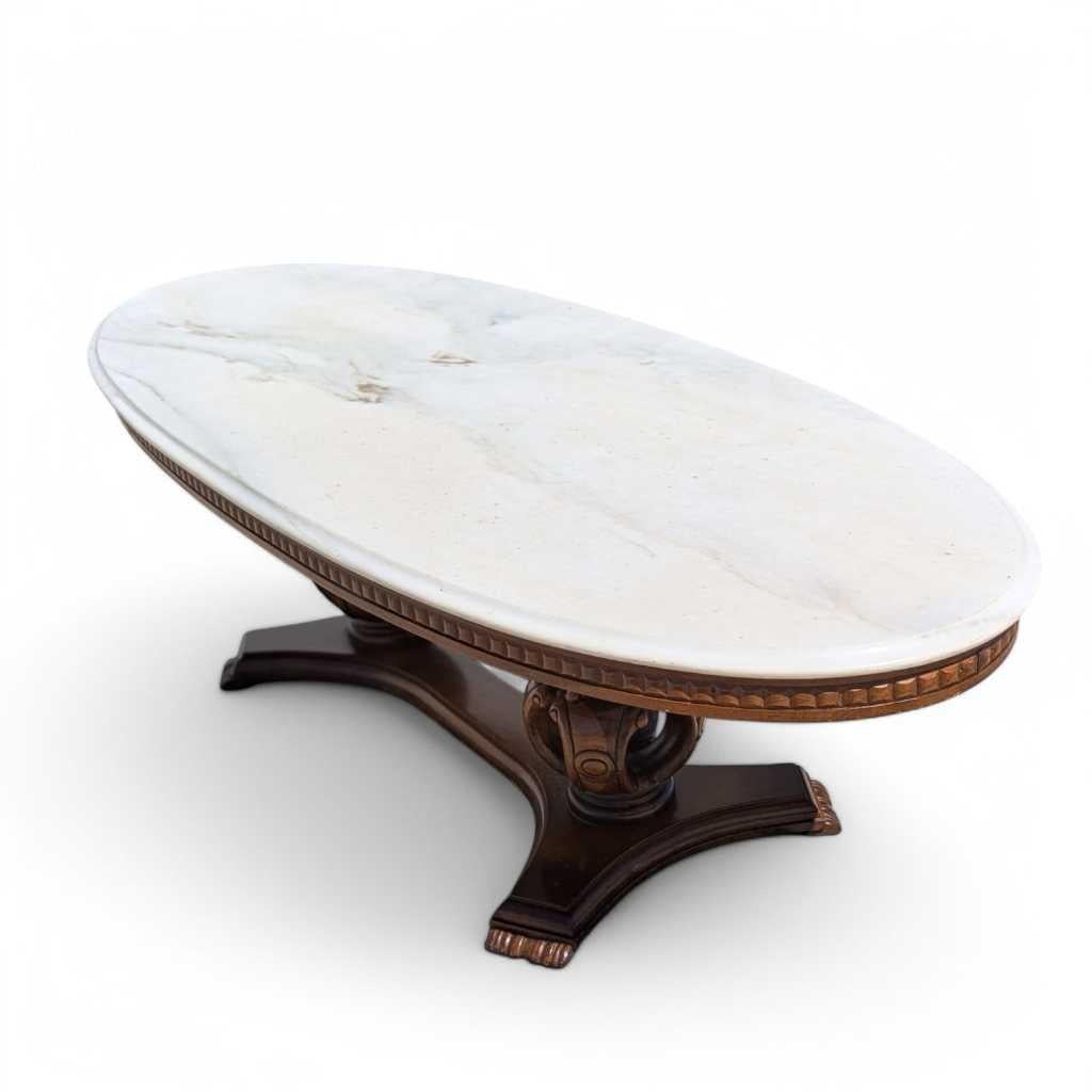Oval Pedestal Coffee Table, Marble & Carved Wood, White & Walnut, Italy, 1960s For Sale 6