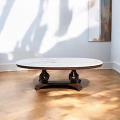 Oval Pedestal Coffee Table, Marble & Carved Wood, White & Walnut, Italy, 1960s
