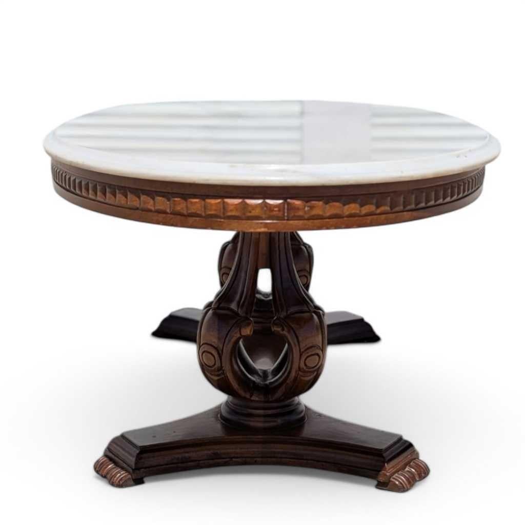 Neoclassical Revival Oval Pedestal Coffee Table, Marble & Carved Wood, White & Walnut, Italy, 1960s For Sale