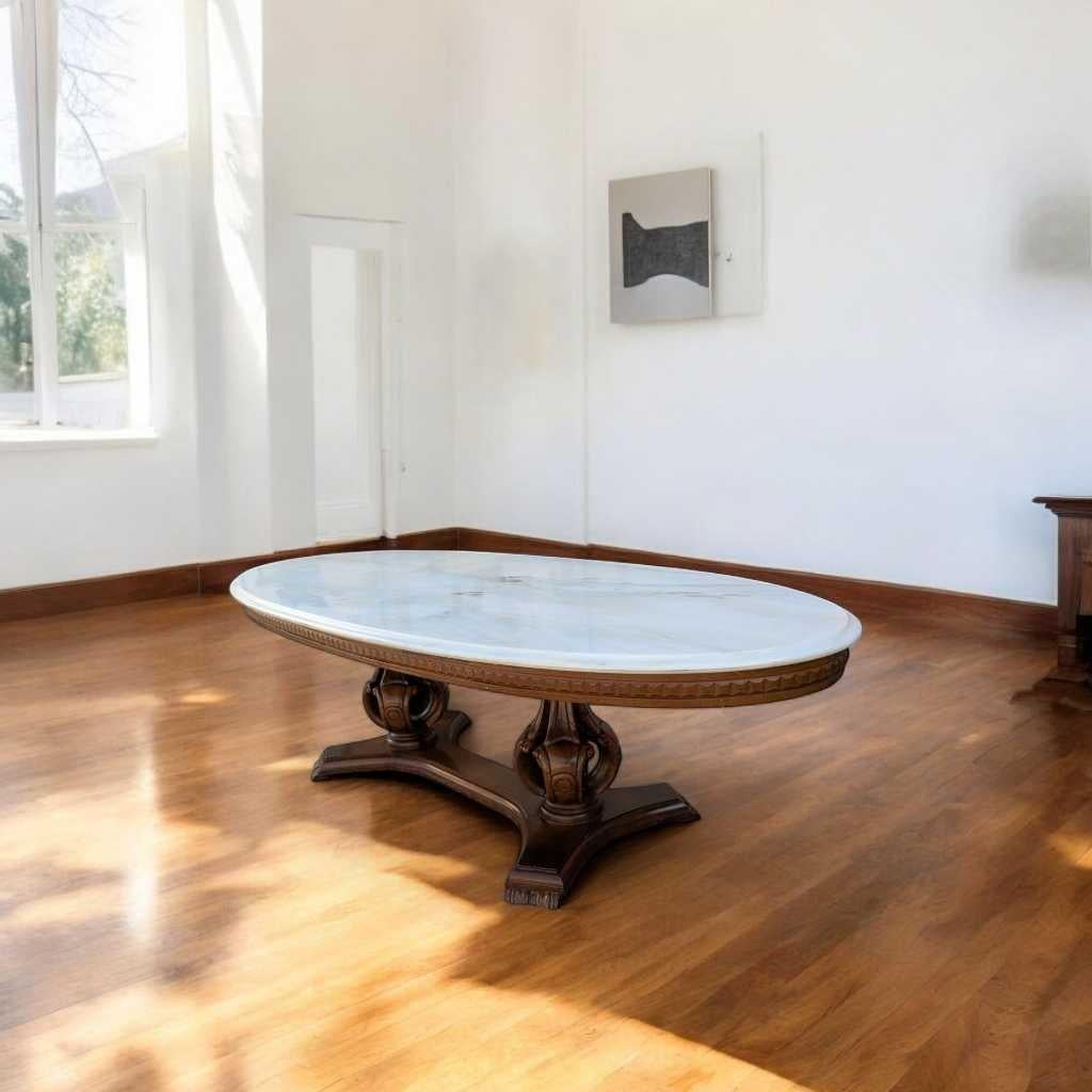 Italian Oval Pedestal Coffee Table, Marble & Carved Wood, White & Walnut, Italy, 1960s For Sale