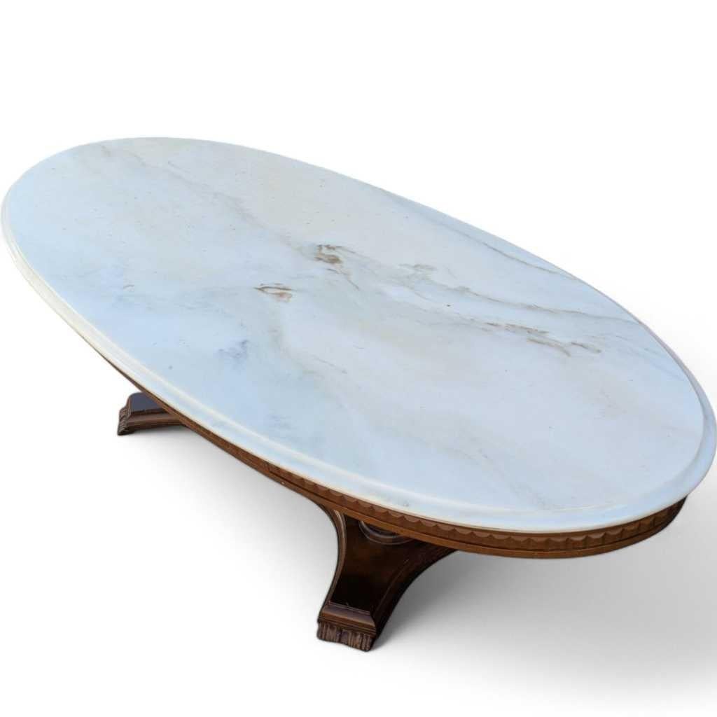Hand-Carved Oval Pedestal Coffee Table, Marble & Carved Wood, White & Walnut, Italy, 1960s For Sale