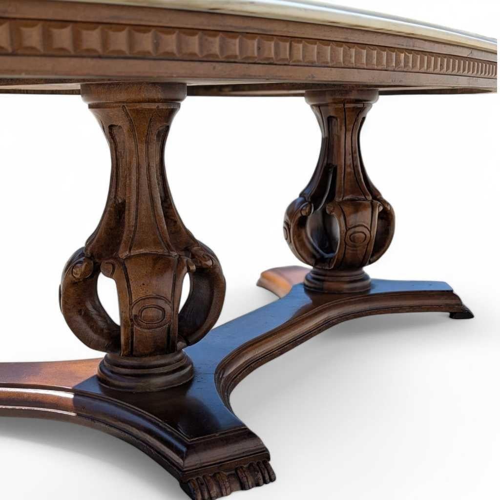 Oval Pedestal Coffee Table, Marble & Carved Wood, White & Walnut, Italy, 1960s In Good Condition For Sale In Rancho Cucamonga, CA