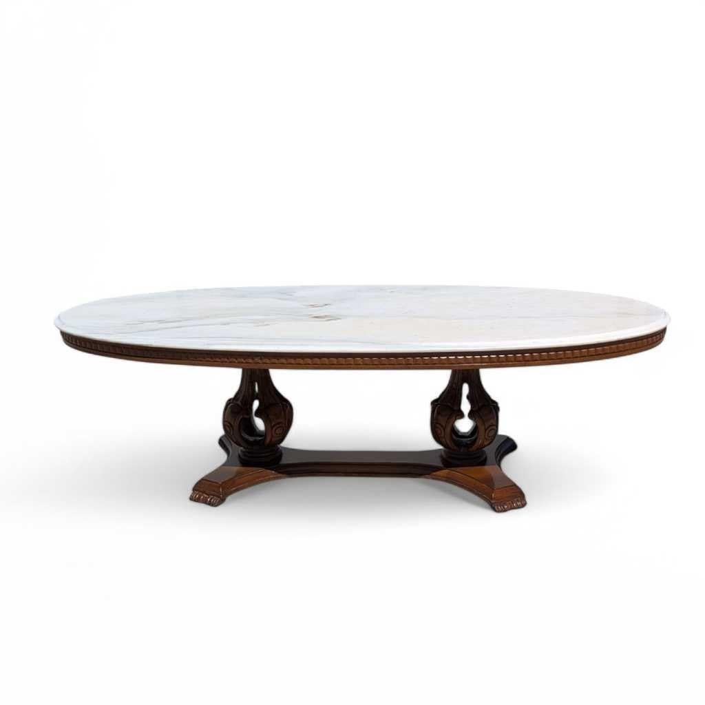 Oval Pedestal Coffee Table, Marble & Carved Wood, White & Walnut, Italy, 1960s For Sale 1