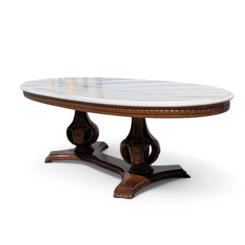 Oval Pedestal Coffee Table, Marble & Carved Wood, White & Walnut, Italy, 1960s For Sale 2