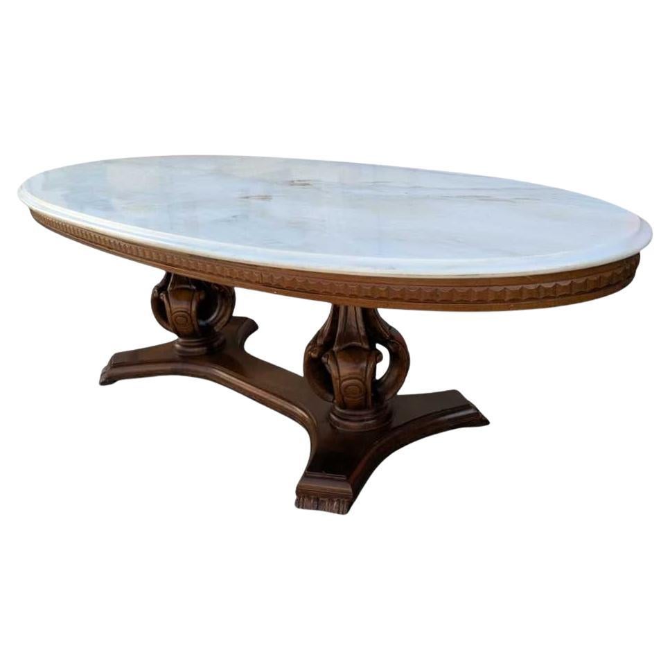 Oval Pedestal Coffee Table, Marble & Carved Wood, White & Walnut, Italy, 1960s For Sale