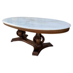 Oval Pedestal Coffee Table, Marble & Carved Wood, White & Walnut, Italy, 1960s