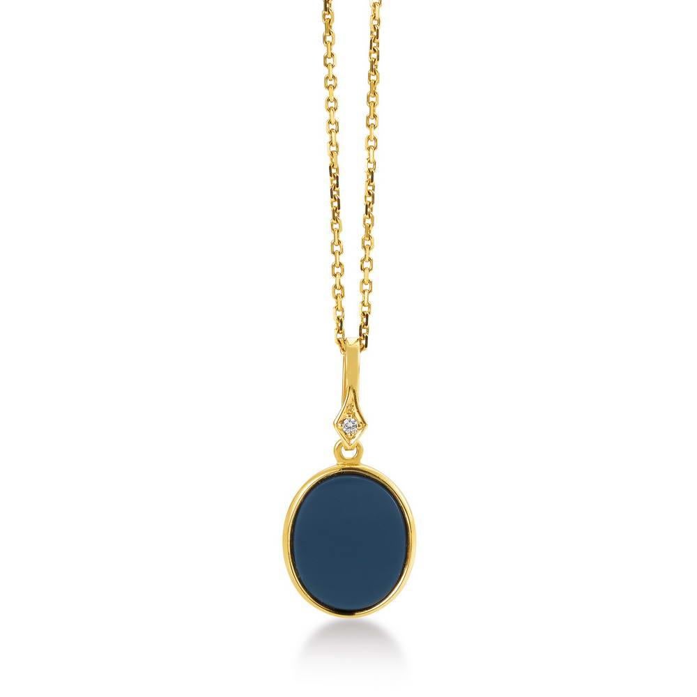 Contemporary Oval Pendant - 18k Yellow Gold - 1 Diamond 0.02 ct GV S Blue Layered Onyx For Sale